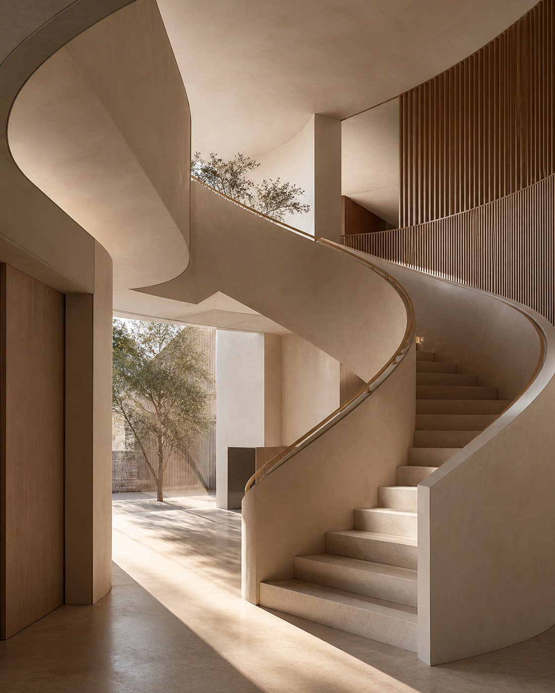 Lichtdurchflutetes modernes Gebäudeinterieur mit geschwungener Treppe